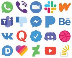 20 icônes plates de médias sociaux d'interface plate fb. Messager. icônes slack et facebook. ensemble d'icônes de médias sociaux dégradé vecteur