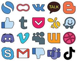 20 icônes de médias sociaux remplies de lignes premium telles que message. aimer. discorde et essaim professionnel et élégant vecteur