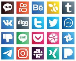 20 icônes de médias sociaux populaires telles que dribbble. la ligne. tweeter et icônes facebook. élégant et haute résolution vecteur