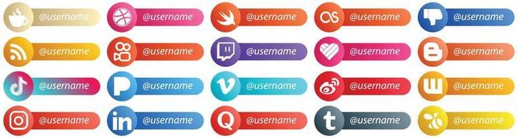 20 icônes de style de carte de plate-forme de réseau social suivez-moi telles que la vidéo. TIC Tac. rss. blog et icônes likee. élégant et minimaliste vecteur