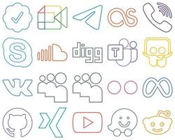 20 icônes innovantes de médias sociaux aux contours colorés telles que l'équipe Microsoft. musique. viber. son et chat minimaliste et personnalisable vecteur
