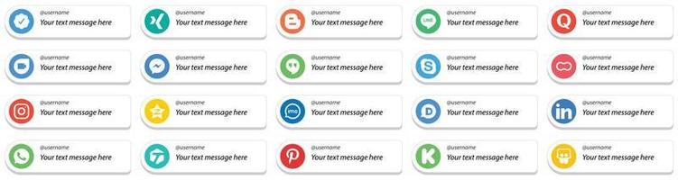 20 médias sociaux suivez-moi des icônes avec une option de message personnalisée telle qu'instagram. mères. Messager. icônes d'arachide et de skype. accrocheur et modifiable vecteur
