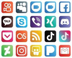20 icônes élégantes de médias sociaux telles que la poche. texte. discuter. icônes de message et de xing. entièrement personnalisable et de haute qualité vecteur