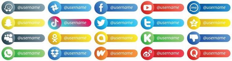 20 haute résolution suivez-moi des icônes de style de carte de plate-forme de réseau social telles que twitter. Chine. l'audio. icônes vidéo et tiktok. personnalisable et unique vecteur