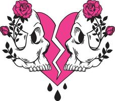 coeur brisé et deux crânes avec des roses. conception de style emo dessiné à la main vecteur