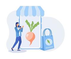 illustration d'achat de nourriture d'épicerie. personnage achetant en ligne sur ordinateur portable et smartphone des légumes biologiques frais et des articles d'épicerie, mettant dans un panier ou un chariot. illustration moderne de vecteur plat