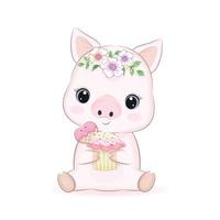 mignon petit cochon et cupcake, illustration de dessin animé vecteur