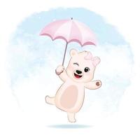 mignon petit ours tenant un dessin animé animal parapluie vecteur