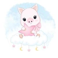 mignon petit cochon assis sur le nuage, illustration de dessin animé vecteur