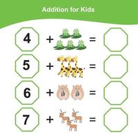 feuille de mathématiques pour enfants. feuille de travail mathématique imprimable éducative. écrire une activité de réponse pour les enfants. fichier vectoriel. vecteur