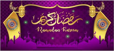 ramadan kareem concept bannière 3d cadre doré fenêtre arabe sur beau fond beau modèle arabe illustration vectorielle suspendus croissant de lune doré et étoiles coupées en papier aux nuages pour le texte