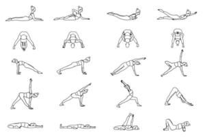 collection de poses de yoga. noir et blanc. femme femme fille. illustration vectorielle dans le style de contour isolé sur fond blanc. vecteur