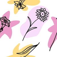 fleurs avec motif harmonieux de pinceau coloré dans un style de dessin animé plat doodle. fond d'écran sans soudure de vecteur avec un fond blanc.