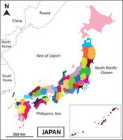 carte vectorielle des préfectures du japon colorée comme régions avec les pays voisins mer du japon, océan pacifique nord, mer des philippines, corée, russie, chine avec les îles d'okinawa. vecteur