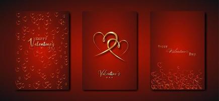 happy valentines day vector set carte de voeux. coeurs d'or sur fond rouge. affiche de vacances dorée avec texte, bijoux. concept pour la bannière de la saint-valentin, le dépliant, l'invitation à une fête, la boutique de bijoux