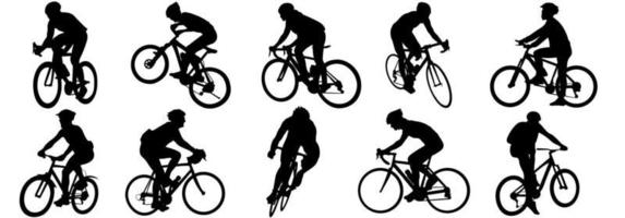 icône de vecteur de cycliste. collection de silhouettes de personnes faisant du vélo dans différentes positions. vélo, cycle, cycliste, balade, vecteur, bicyclette, homme, icône, gens, illustration, femme, fille, garçon, montagne