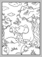 souris mignonne avec un papillon sur une pelouse d'été. coloriage. vecteur