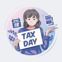 jour des taxes. jeune femme souriante tenant du papier avec un message de jour d'impôt illustration vectorielle téléchargement pro vecteur