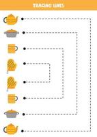 tracer des lignes pour les enfants. ustensiles de cuisine de dessin animé. vecteur