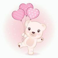 ours en peluche mignon et ballon coeur, illustration du concept de la saint-valentin vecteur