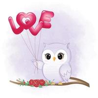 mignon hibou et ballons illustration du concept de la saint valentin vecteur