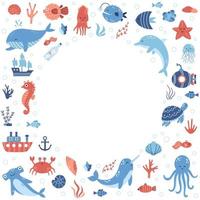 cadre rond de vecteur avec des animaux marins et des bateaux au design plat. modèle avec baleine, dauphin, poulpe, narval, sous-marin. frontière avec les animaux marins. La vie marine.