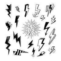 ensemble d'illustrations de croquis de symbole d'éclair électrique doodle vecteur dessinés à la main. tonnerre, illustration vectorielle