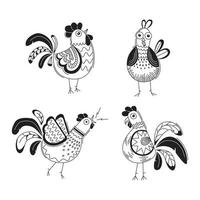 poules, coqs. dessin au trait oiseaux dessinés à la main. illustrations de griffonnage isolées sur fond blanc. ensemble d'images vectorielles d'oiseaux pour pâques, décor, invitation, cartes. vecteur