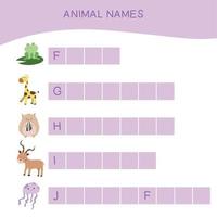 feuille de travail sur les noms d'animaux. feuille de travail pour le préscolaire. pratique de l'écriture. fichier vectoriel. vecteur