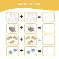 feuille de mathématiques pour enfants. feuille de travail mathématique imprimable éducative. activité de comptage et d'écriture. fichier vectoriel. vecteur