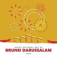 illustration vectorielle de la fête nationale brunei avec ses drapeaux nationaux vectorisés et ses feux d'artifice sur fond jaune. jour férié du pays d'asie du sud-est. vecteur