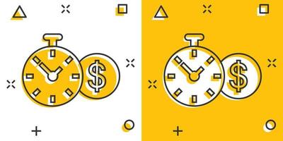 le temps est l'icône de l'argent dans le style comique. horloge avec illustration de vecteur de dessin animé dollar sur fond blanc isolé. concept d'entreprise d'effet d'éclaboussure de monnaie.