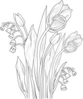 tulipe vector art, croquis de contour eustoma fleur livre de coloriage illustration vectorielle dessinés à la main art d'encre gravé artistiquement fleurs de fleurs isolés sur fond blanc clip art.