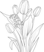 illustration de croquis de fleurs de tulipes dessinées à la main isolées sur blanc, fleur de printemps et style d'art à l'encre, jardin botanique. vecteur