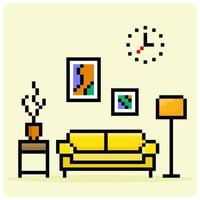 Salon intérieur pixel 8 bits en illustration vectorielle pour les actifs de jeu. décoration moderne au style minimaliste vecteur