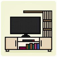 Salon intérieur pixel 8 bits en illustration vectorielle pour les actifs de jeu. télévision à écran plat de décoration moderne sur le bureau avec un style minimaliste vecteur