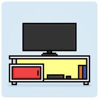 Salon intérieur pixel 8 bits en illustration vectorielle pour les actifs de jeu. télévision à écran plat de décoration moderne sur le bureau avec un style minimaliste vecteur