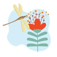 image dessinée avec une libellule et une fleur. illustration pour un autocollant. printemps. vecteur