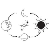 tatouage boho magique avec étoiles, lune, planète, soleil, point. illustration géométrique dessinée à la main mystique. conception bohème. icône de logo ésotérique avec système d'étoiles vecteur