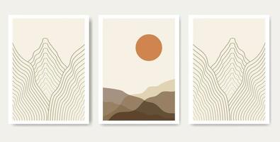 affiches de paysage esthétique abstrait. fond boho moderne serti de montagnes soleil et rayures vecteur