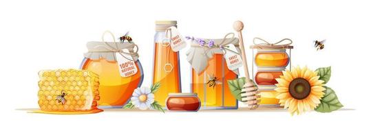 produits de miel, produit biologique naturel. illustration vectorielle de pots de miel, nid d'abeille, tournesol, cuillère en bois. la nourriture saine vecteur