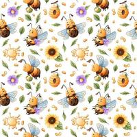 modèle sans couture de vecteur avec des abeilles mignonnes, du miel et des fleurs. idéal pour les textiles, les papiers peints, les arrière-plans