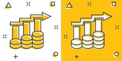 icône d'augmentation du taux de revenu dans le style comique. illustration de vecteur de dessin animé de performance financière sur fond blanc isolé. pièce de monnaie avec le concept d'entreprise effet splash flèche de croissance.