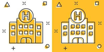 icône de bâtiment d'hôpital dans le style comique. illustration de vecteur de dessin animé de clinique médicale sur fond isolé. concept d'entreprise de signe d'effet d'éclaboussure de médecine.
