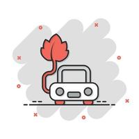 icône de voiture écologique dans le style comique. feuille et illustration vectorielle de dessin animé automatique sur fond blanc isolé. concept d'entreprise de signe d'effet d'éclaboussure de charge bio. vecteur