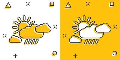 icône météo dans le style comique. illustration de vecteur de dessin animé soleil, nuage et pluie sur fond blanc isolé. concept d'entreprise de signe d'effet d'éclaboussure de météorologie.