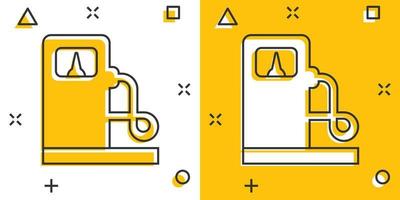 icône de la pompe à carburant dans le style comique. illustration vectorielle de signe de dessin animé de station-service sur fond blanc isolé. concept d'entreprise d'effet d'éclaboussure d'essence. vecteur