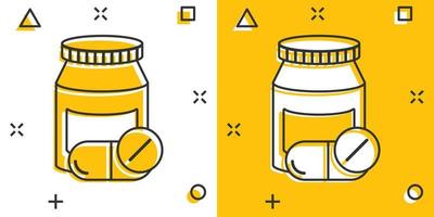 icône de bouteille de pilule dans le style comique. illustration de vecteur de dessin animé de médicaments sur fond blanc isolé. concept d'entreprise d'effet d'éclaboussure de pharmacie.