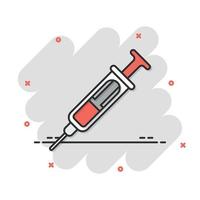 icône de la seringue dans le style comique. vaccin contre le coronavirus injecter une illustration vectorielle de dessin animé sur fond isolé. concept d'entreprise de signe d'effet d'éclaboussure de vaccination covid-19. vecteur