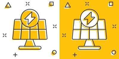 icône de panneau solaire dans le style comique. illustration de vecteur de dessin animé d'énergie écologique sur fond blanc isolé. concept d'entreprise de signe d'effet d'éclaboussure d'électricien.